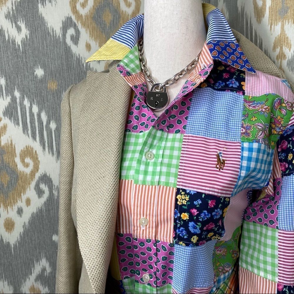 Ralph Lauren Classic Fit Multi Patchwork Cotton Poplin Button Up Shirt